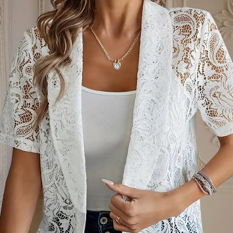 Elegant Solid Color Women's Lace Cardigan - Stylish Breathable Slim-Fit Spring&Summer Blouse With Floral Lace Detail